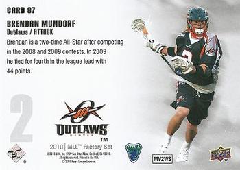 2010 Upper Deck Major League Lacrosse #87 Brendan Mundorf Back